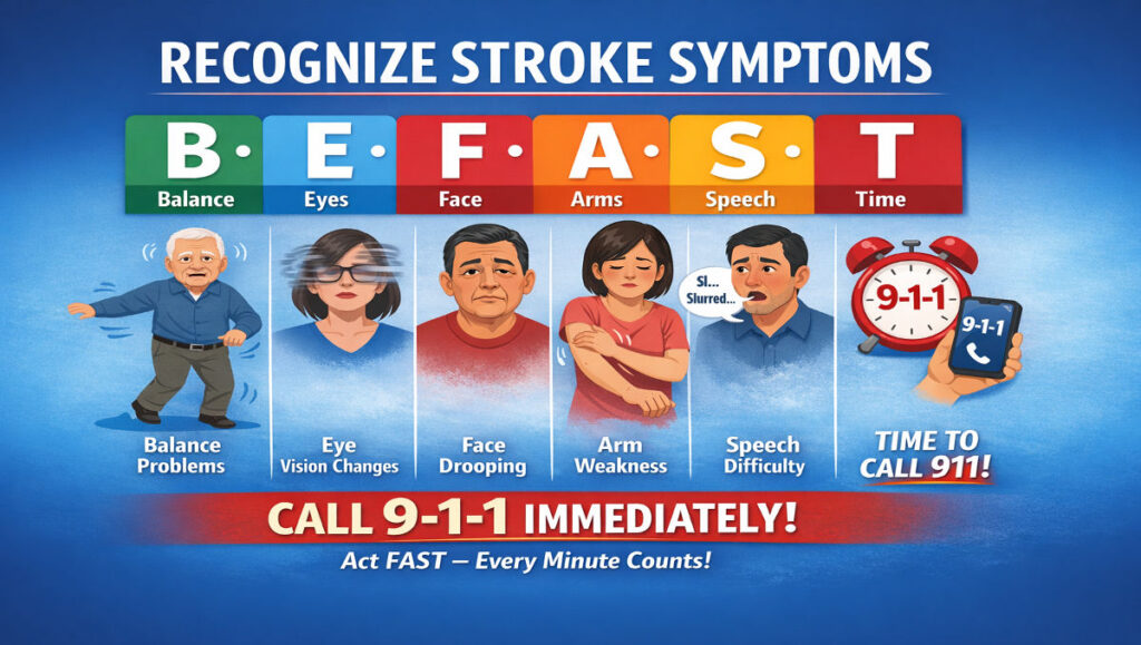 BE FAST stroke symptoms infographic showing balance problems, vision changes, face drooping, arm weakness, speech difficulty, and instruction to call 911 immediately.