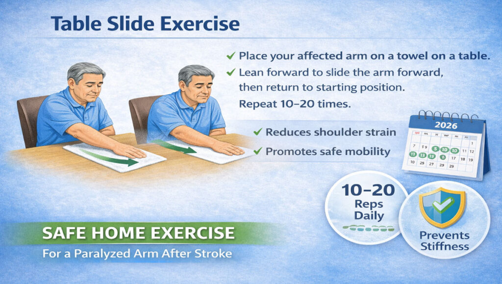 Table slide movement demonstrated as one of the home exercises for a paralyzed arm after stroke, showing the affected arm sliding forward on a towel to improve shoulder mobility.