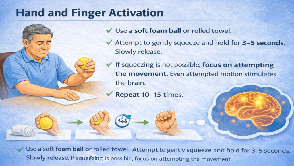 Hand and finger activation exercise using a soft foam ball as part of home exercises for a paralyzed arm after stroke, demonstrating gentle squeezing to improve grip strength and motor recovery.