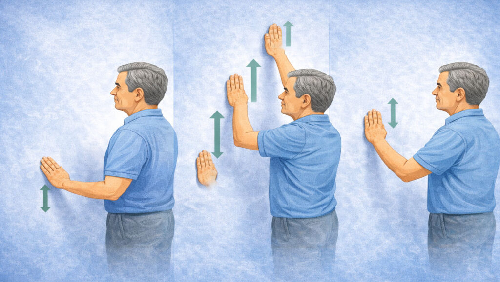 Wall walking movement demonstrated as part of home exercises for a paralyzed arm after stroke, showing fingertips walking upward on a wall to improve shoulder strength and control.