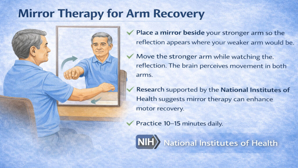Mirror therapy exercise shown as part of home exercises for a paralyzed arm after stroke, where the stronger arm moves in front of a mirror to stimulate recovery in the weaker arm.