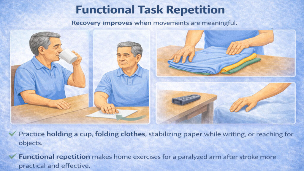 Functional task repetition demonstrated as part of home exercises for a paralyzed arm after stroke, showing daily activities like holding a cup, folding clothes, writing, and reaching to improve arm recovery.