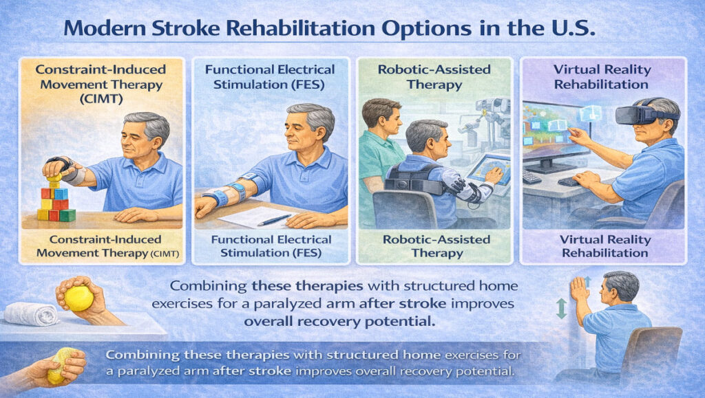 Modern stroke rehabilitation therapies including CIMT, functional electrical stimulation, robotic-assisted therapy, and virtual reality combined with home exercises for a paralyzed arm after stroke to improve recovery.