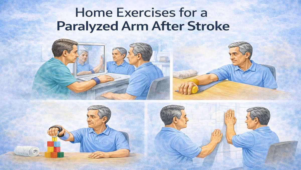 Illustration showing multiple home exercises for a paralyzed arm after stroke, including mirror therapy, hand activation, table slides, and wall walking to improve arm recovery.