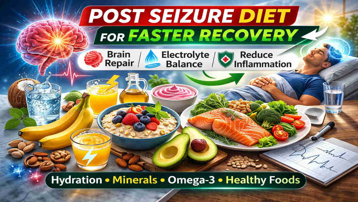 Post seizure diet for faster recovery featuring anti-inflammatory foods, hydration, omega-3 sources, and electrolyte-rich nutrition