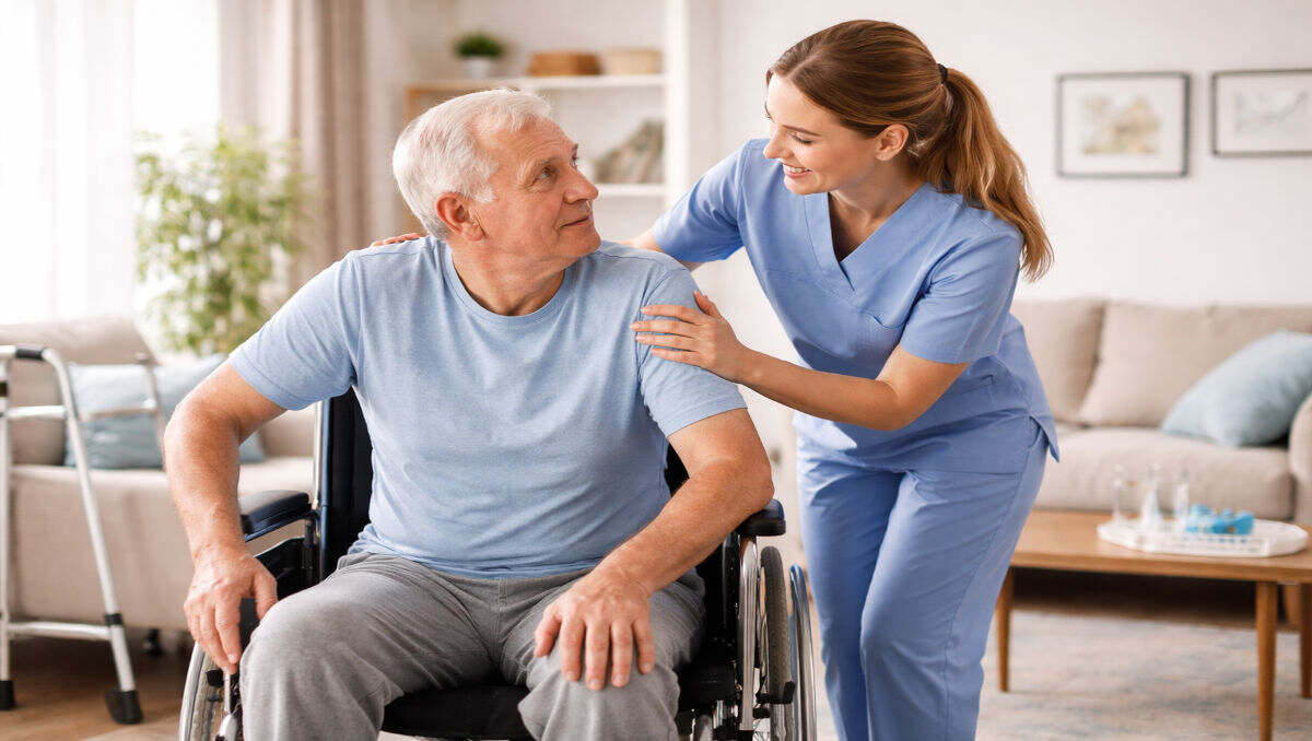 Tips for caring for a paralyzed stroke patient at home showing caregiver assisting stroke survivor with mobility support